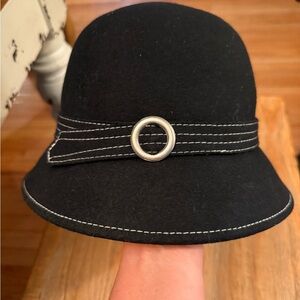 Elegant Black Wool Cloche Hat 1920s Style with Silver Accent 8 inch opening